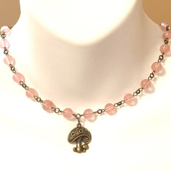 Cute Cherry Quartz Bronze Round Mushroom Adjustable Pendant Choker - Picture 2 of 16